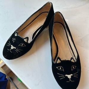 Charlotte Olympia Black Velvet Kitty Cat Flats Size 38